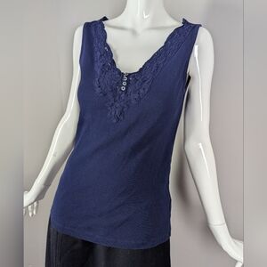 Lauren Ralph Lauren Navy Lace Trim Tank | Ribbed Cotton | Classic Layering Stapl